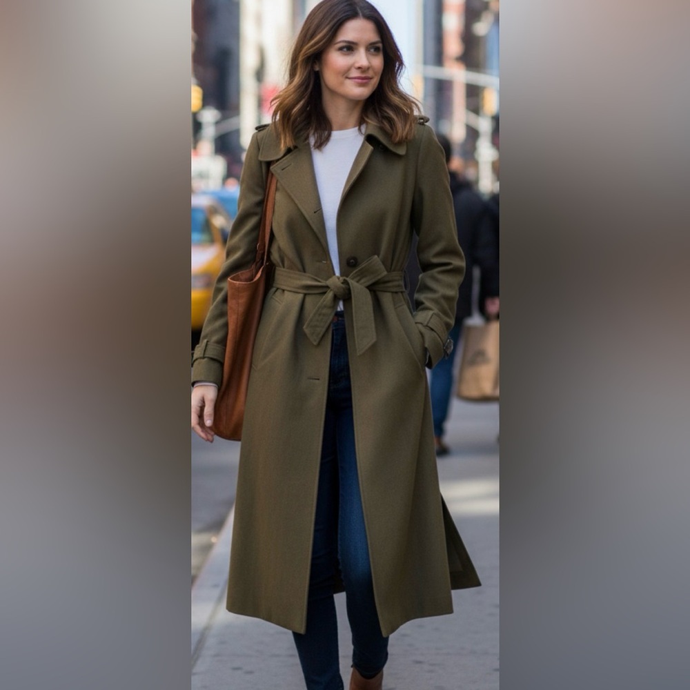 Rina Fashions Coat Womens M Olive Green Classic Maxi Trench Single Breasted‎ New